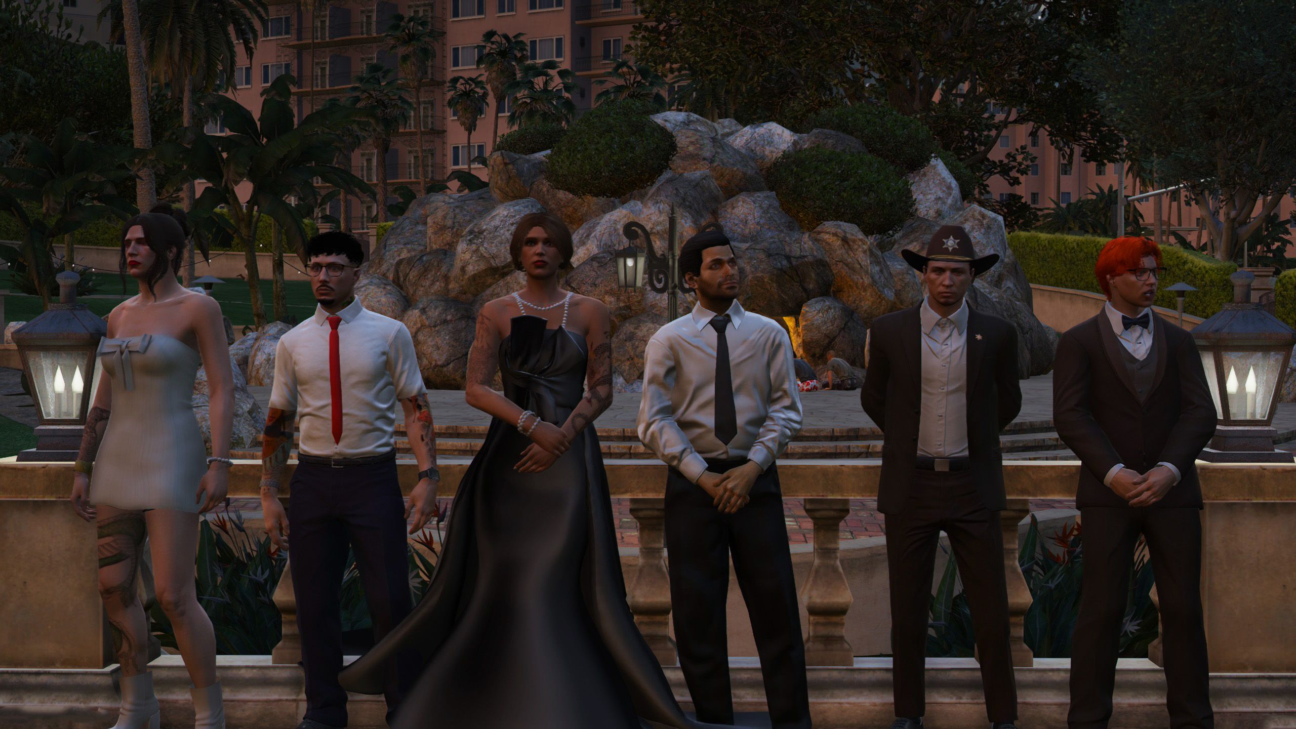 Roleplay wedding, guests gathered near the fountain