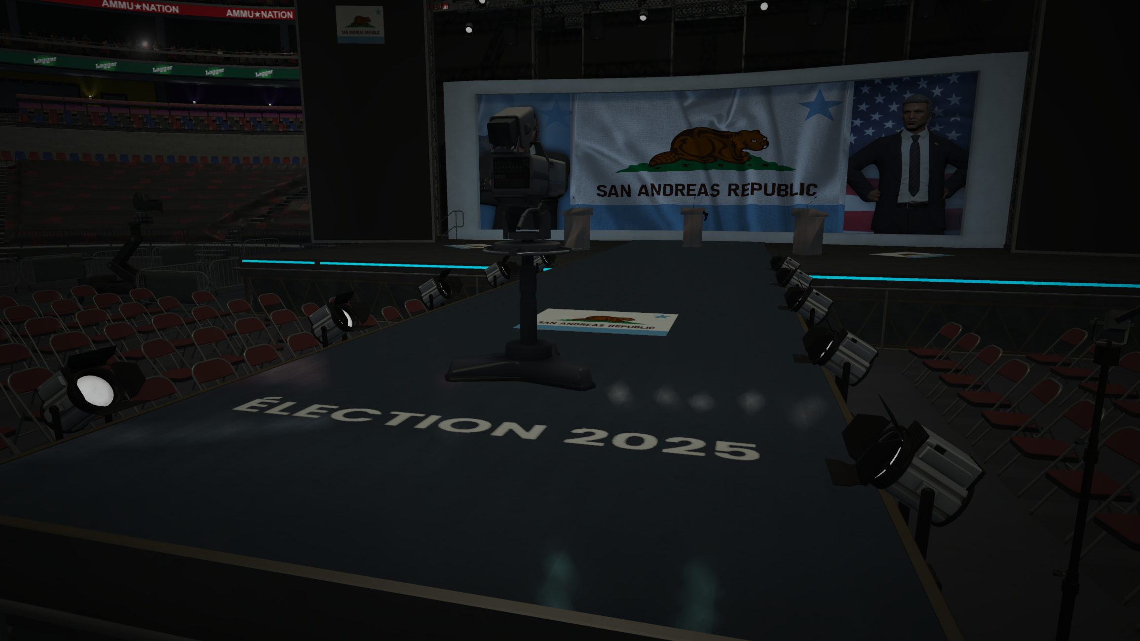 The debate set built inside Maze Bank Arena